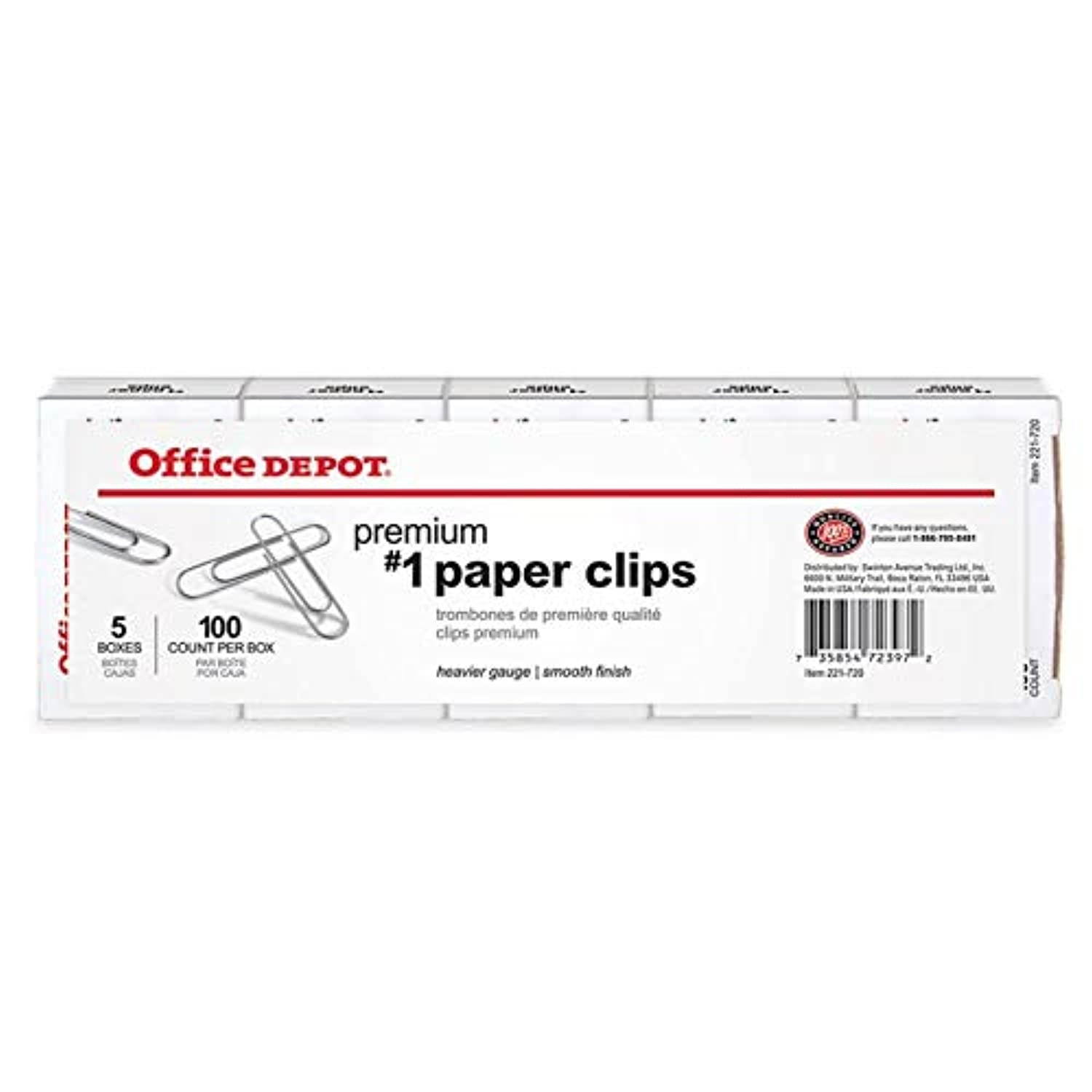 Office Depot Brand Paper Clips, No. 1, Silver, 100 Clips Per Box, Pack of 5 Boxes