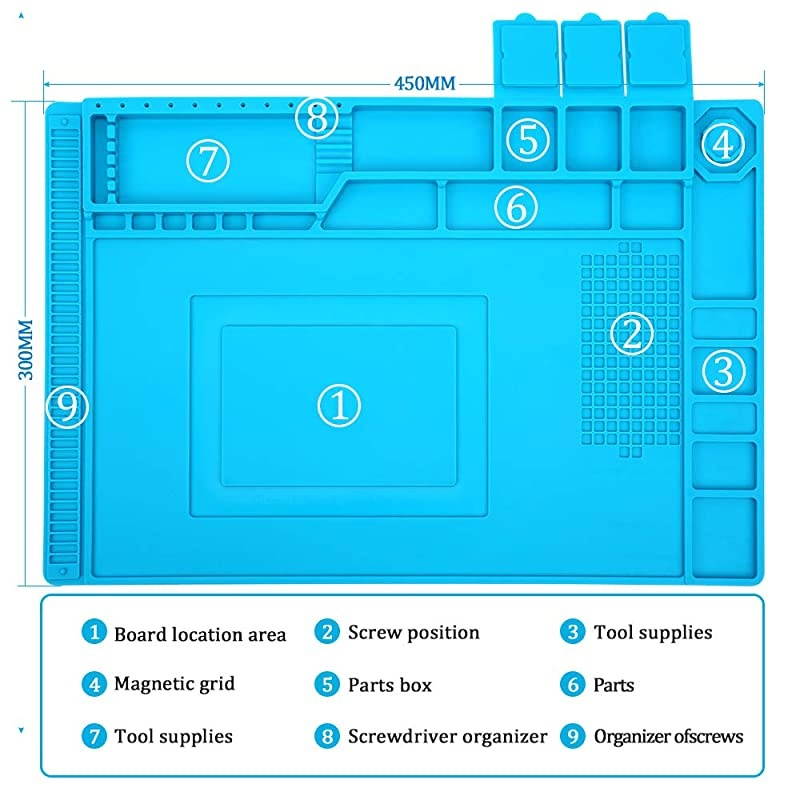 Heat Insulation Silicone Repair Mat with Scale Ruler and Screw Position, Electronics Repair Pad for Soldering Iron, Repair Watch,Phone and Computer Size:17.7 x 11.8 Inches - Blue