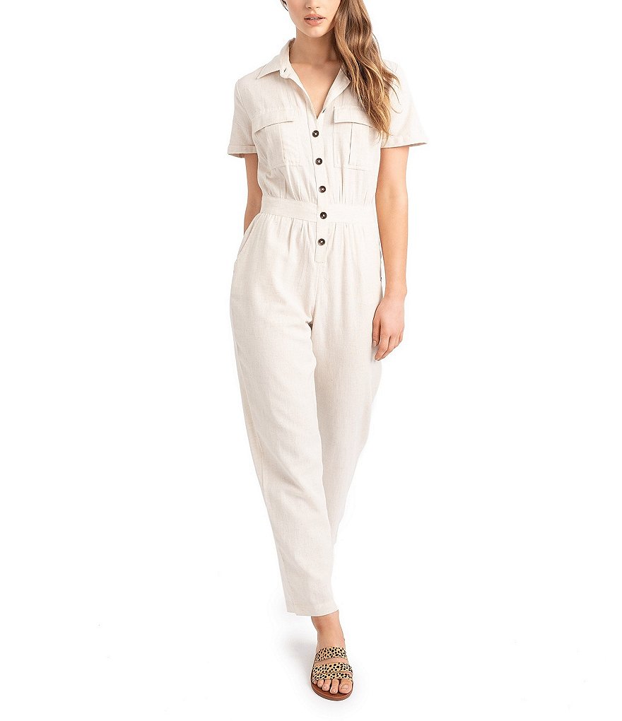 Roxy Beach Wonderland Short-Sleeve Linen-Blend Jumpsuit
