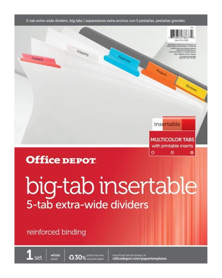 Office Depot Insertable Extra-Wide Dividers With Big Tabs, Assorted Colors, 5-Tab, OD14793