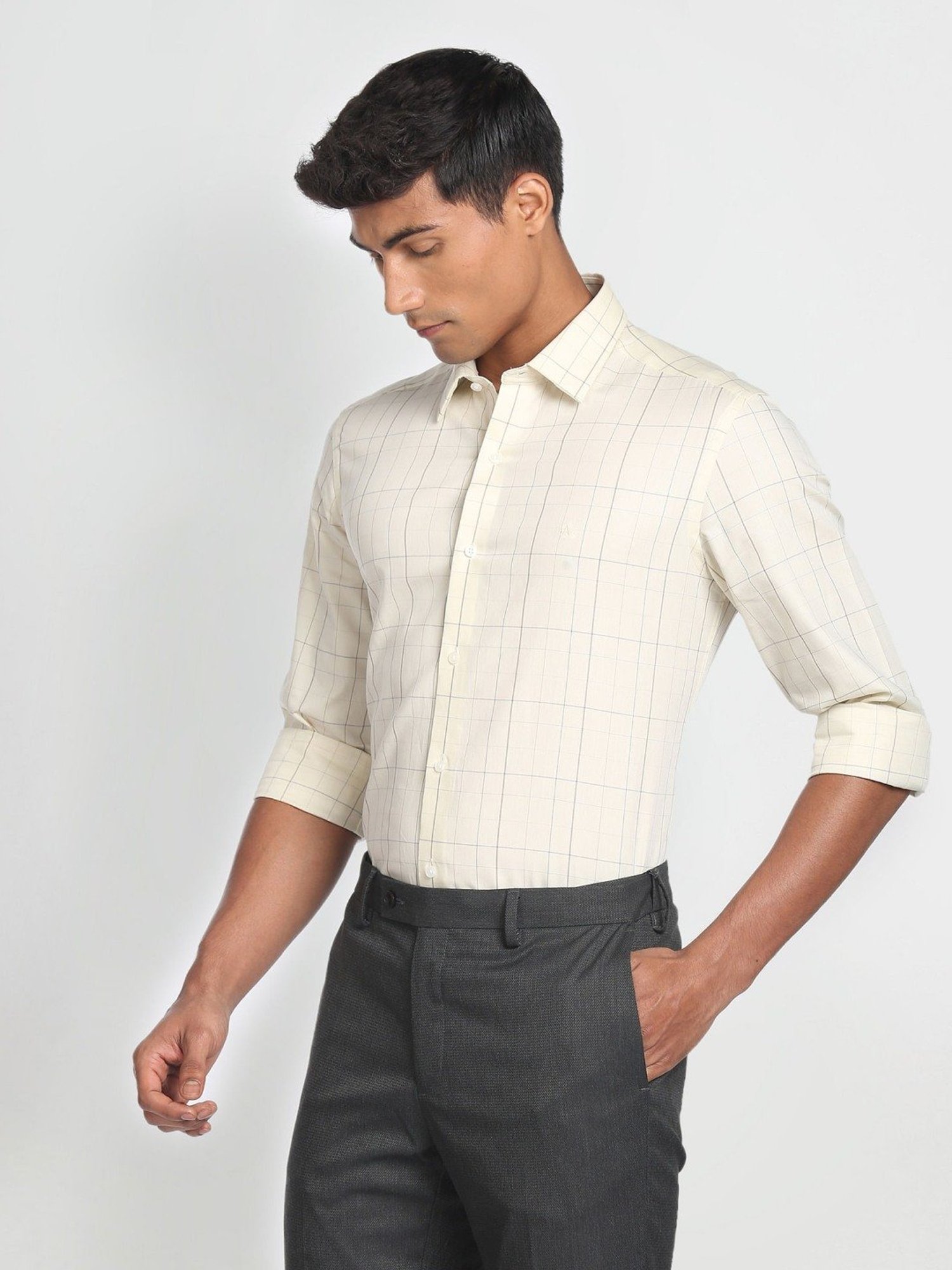 Arrow New York Light Yellow Cotton Slim Fit Checks Shirt