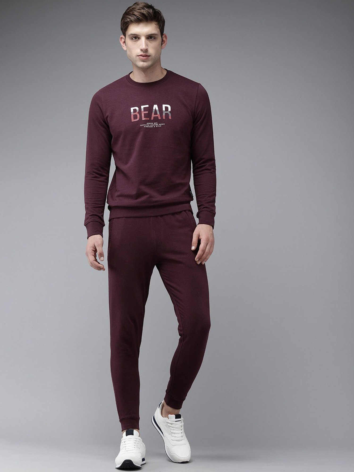 The Bear House Maroon Cotton Slim Fit Graphic Print Tracksuit