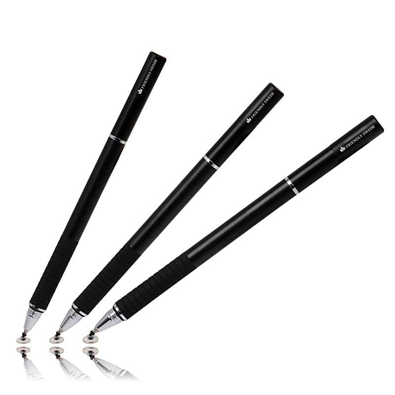 3in1 Hybrid Pen Capacitive Fiber and Fine Point Disc Stylus with Ballpoint Pen and Replaceable Tips 2 Pack