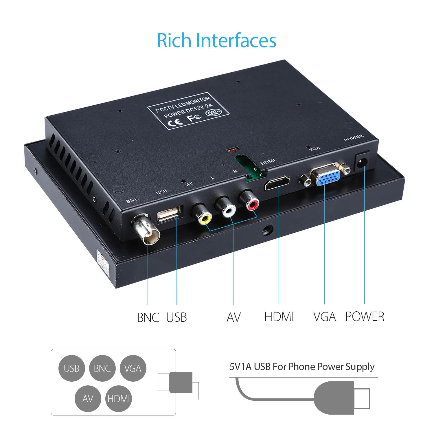 Eyoyo 7" Mini HD Monitor 1024x600 LCD Screen Display with BNC/VGA/AV Output For CCTV DVD PC Laptop DVR CCD Camera