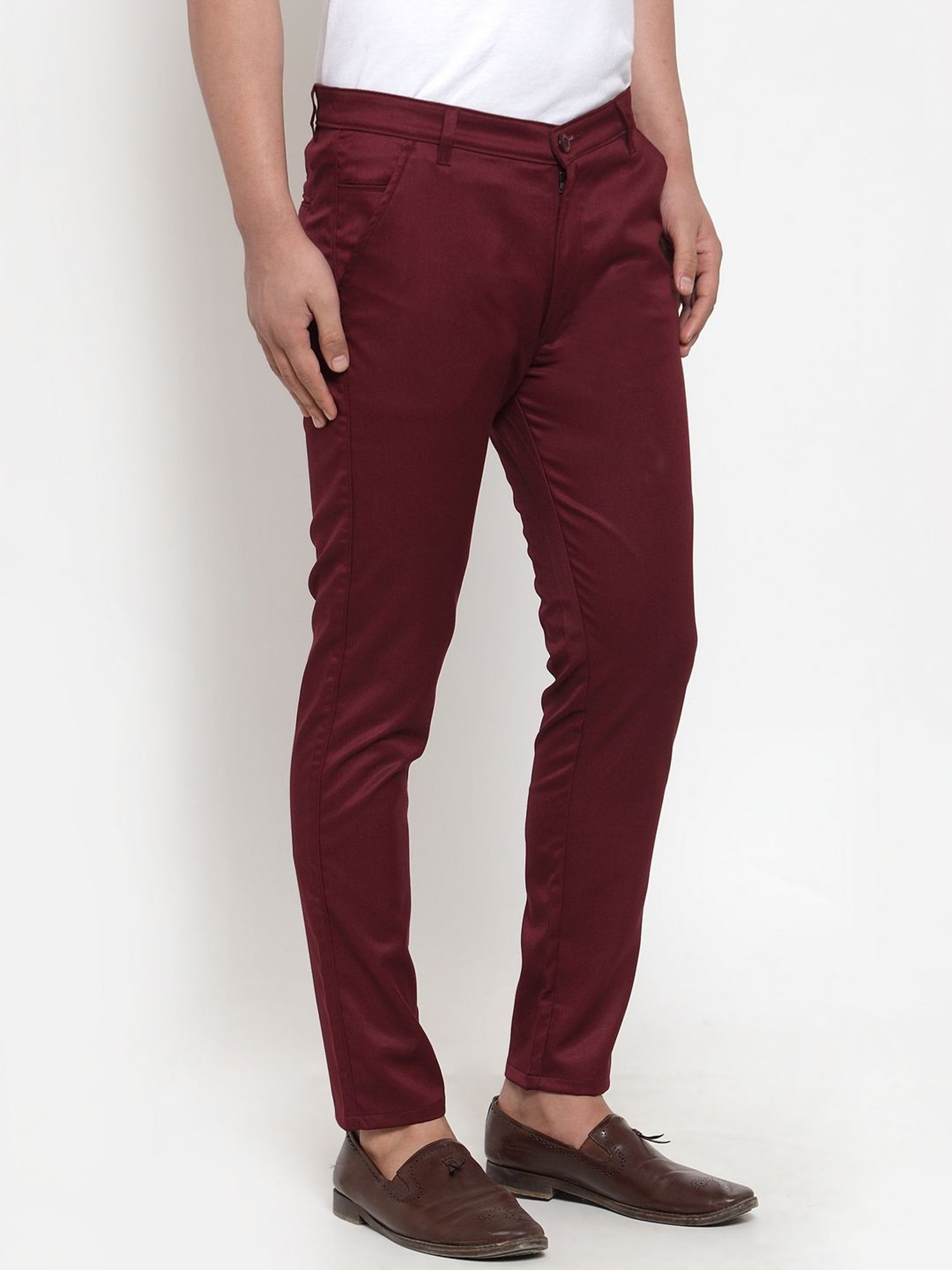 Jainish Maroon Cotton Tapered Fit Flat Front Trousers