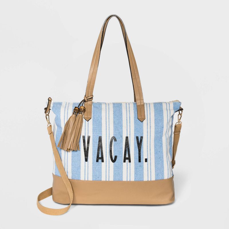 VR NYC Striped Zip Closure Tote Handbag - Blue