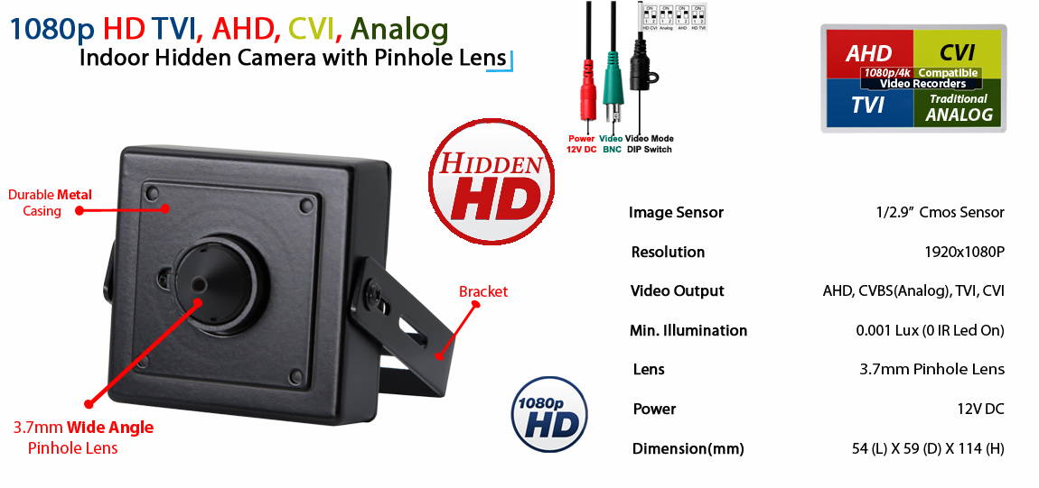 Evertech 1080p HD 4in1 AHD TVI CVI, ANALOG Indoor Hidden Camera with Pinhole Lens