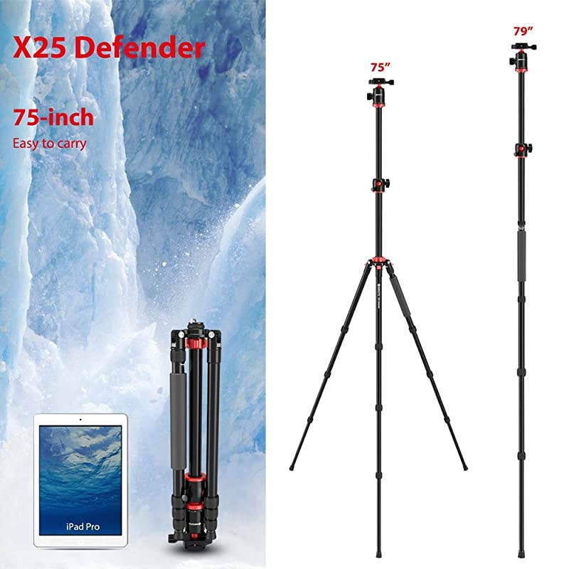 Camera Tripod Tripod for Canon Nikon Sony DSLR Camera 75 inches Aluminum Alloy Tripod with 360 Degree Ball Head and Rotatable Center Column Professional Horizontal Tripod for Travel Work
