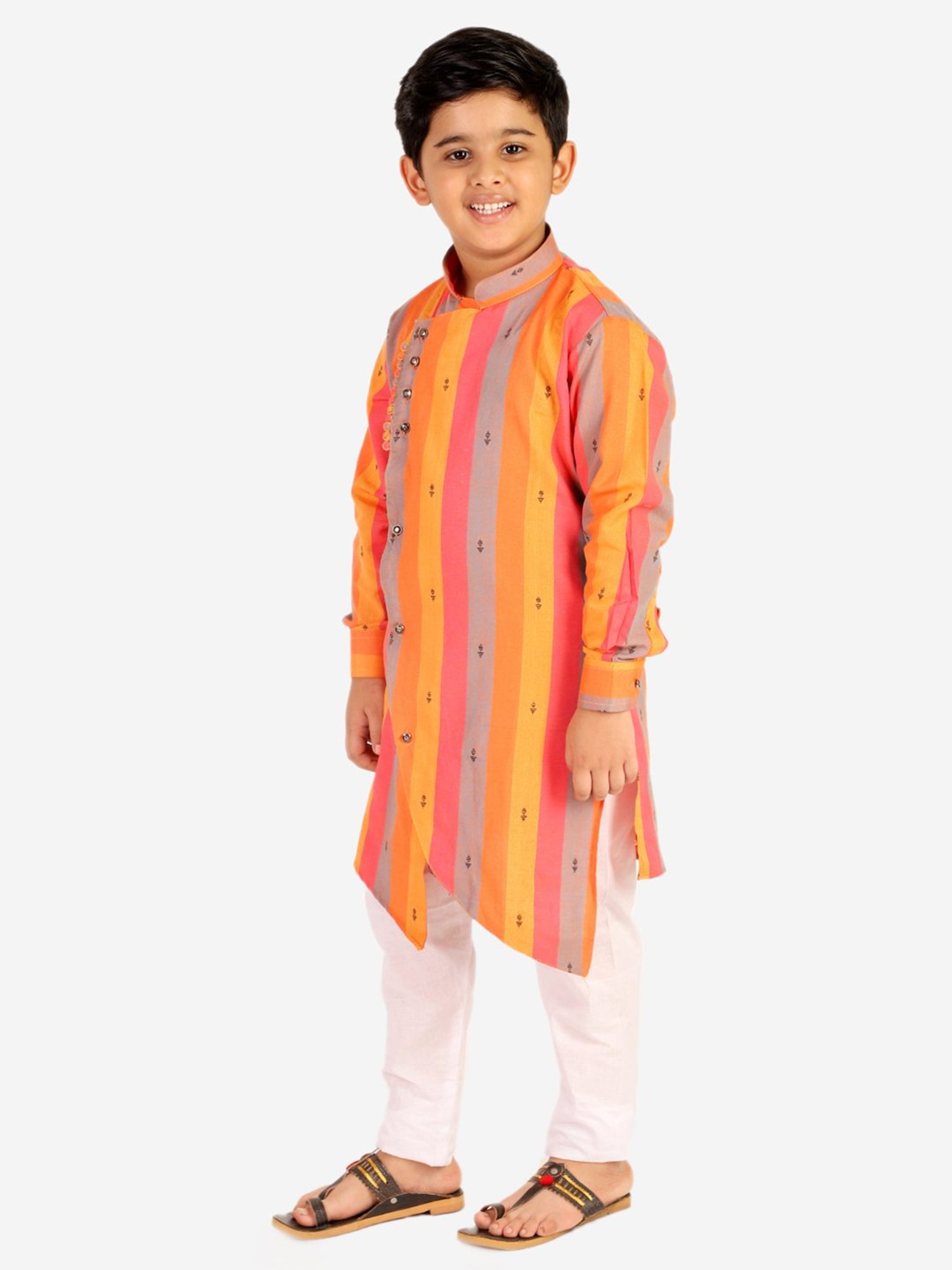 Pro-Ethic Style Developer Kids Orange & White Striped Full Sleeves Kurta with Pyjamas