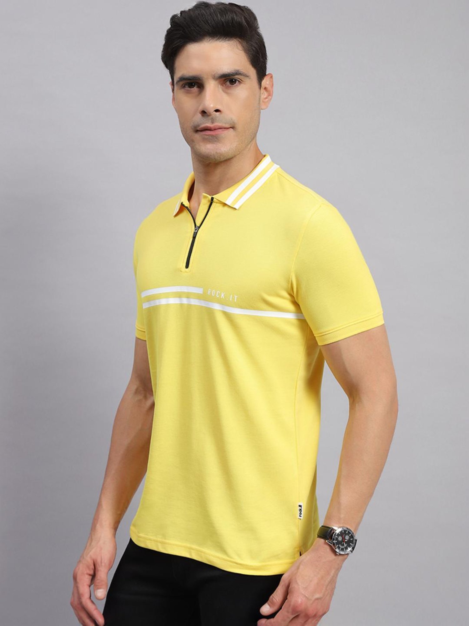 Rock.it Yellow Cotton Regular Fit Printed Polo T-Shirt
