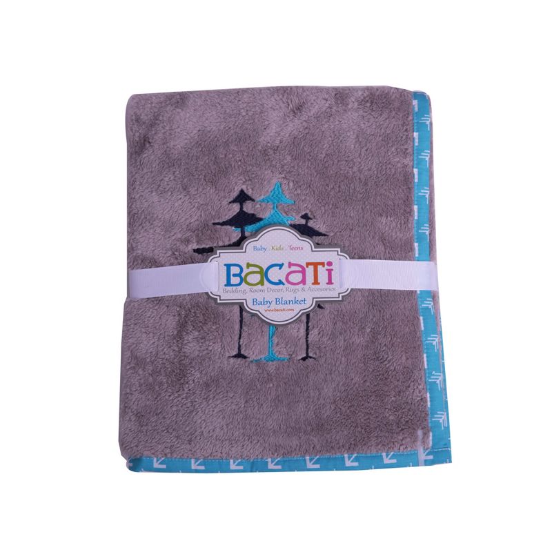 Bacati - Woodlands Grey with Aqua Border Trees Embroidered Baby Plush Blanket