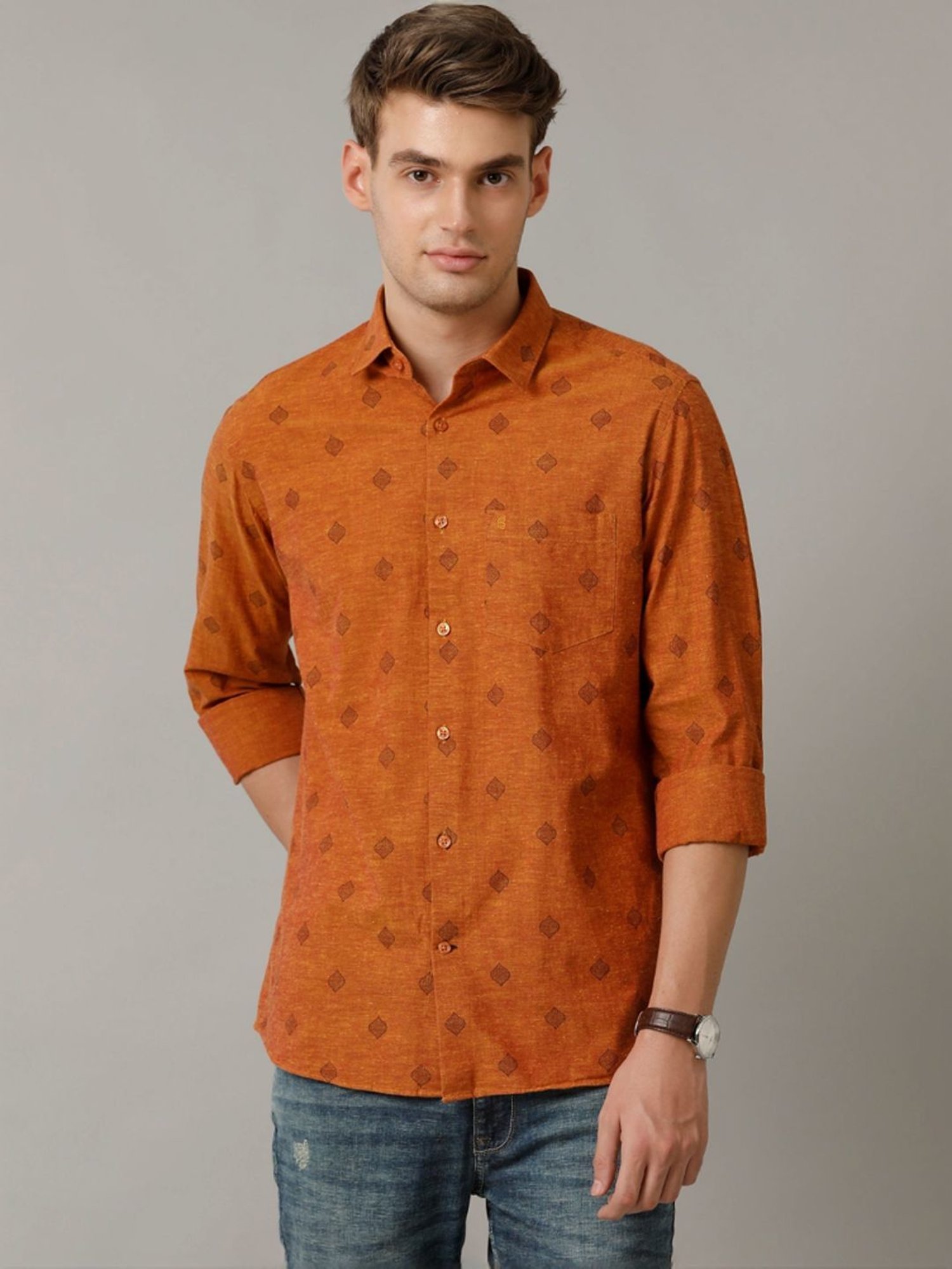 Cavallo By Linen Club Orange Linen Contemporary Fit Printed Shirt