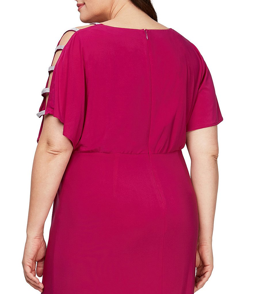 Alex Evenings Plus Size V-Neck Embellished Short Sleeve Knot Front Stretch Matte Jersey Gown