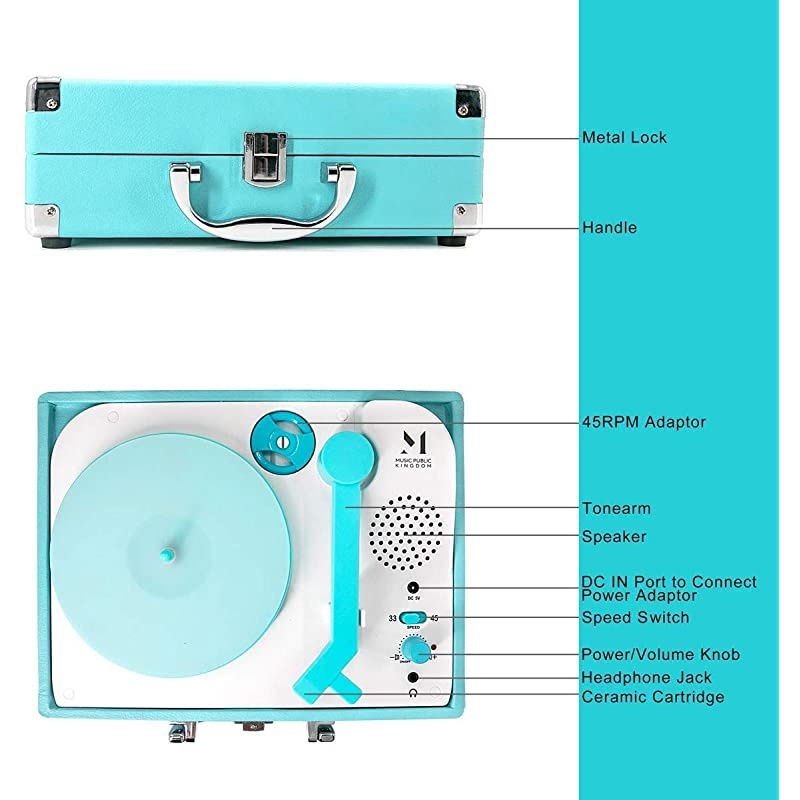 Player, Portable Mini Suitcase Turntable for 7 Inch Vinyl , Belt-Drive 2-Speed Turntable with Built in Stereo Speaker (Blue)