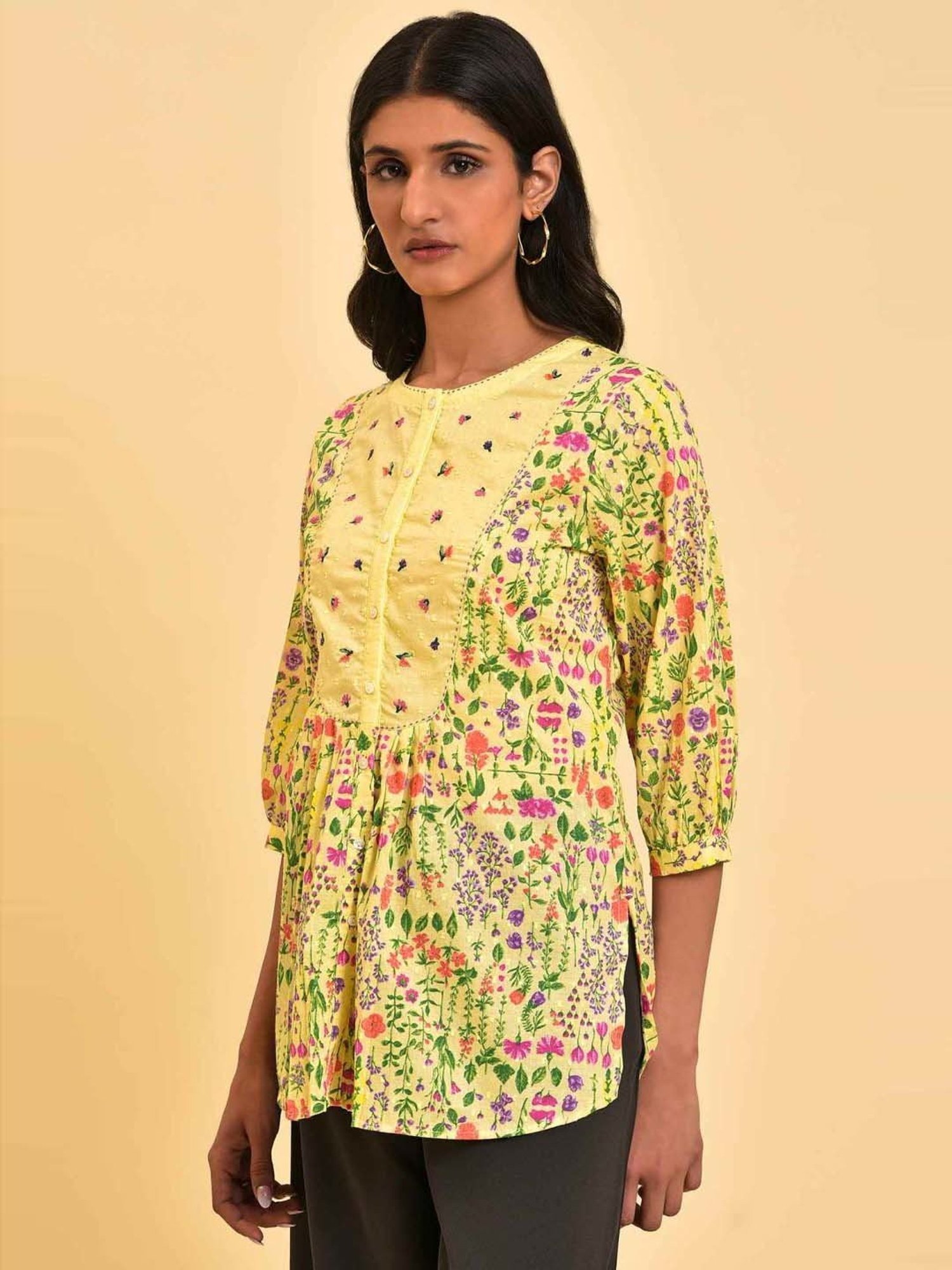 W Yellow Cotton Printed Tunic