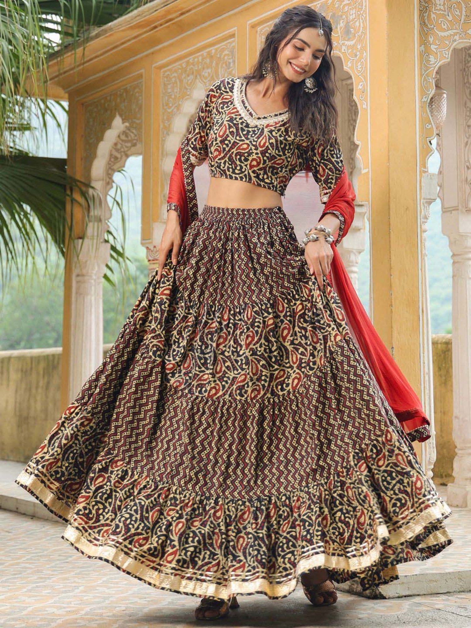 Janasya Black Cotton Printed Lehenga Choli Set With Dupatta