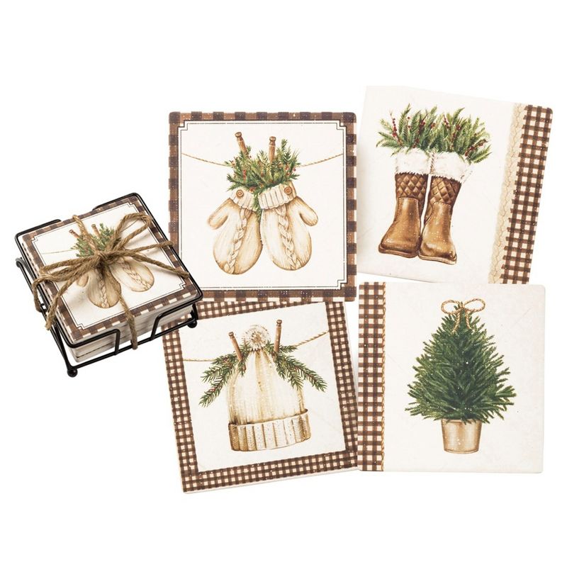 Tabletop 4.0" Bundle Up Coaster Set Hat Mittens Gloves Primitives By Kathy  -  Coasters