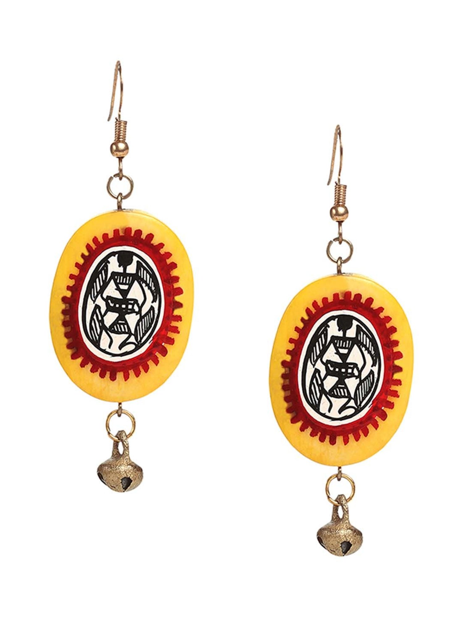 ExclusiveLane 'Tribal Warli Ovates' Amber Yellow & Red Resin Earrings Handpainted in Warli Art