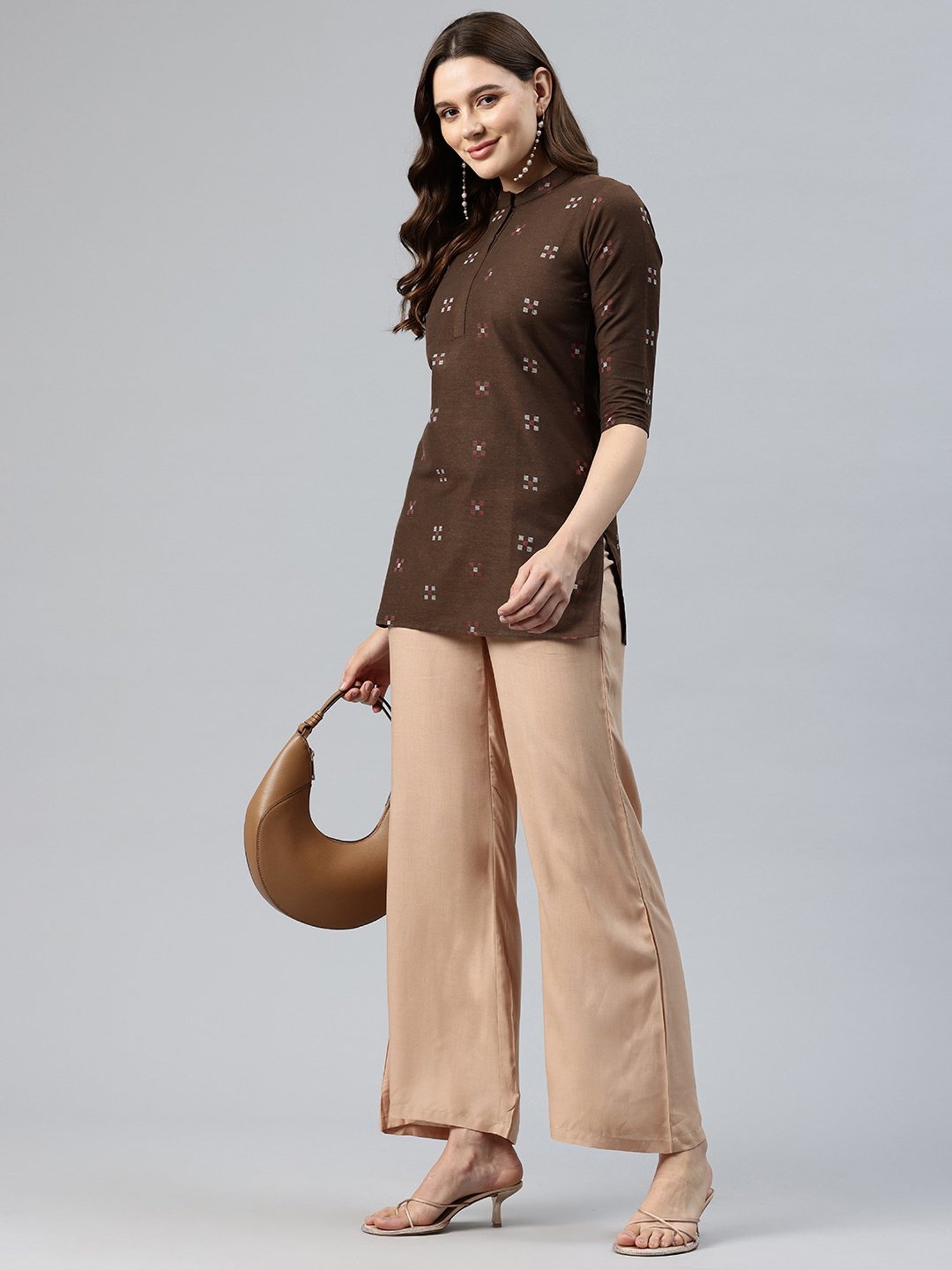 One Femme Brown Cotton Embroidered A Line Kurti