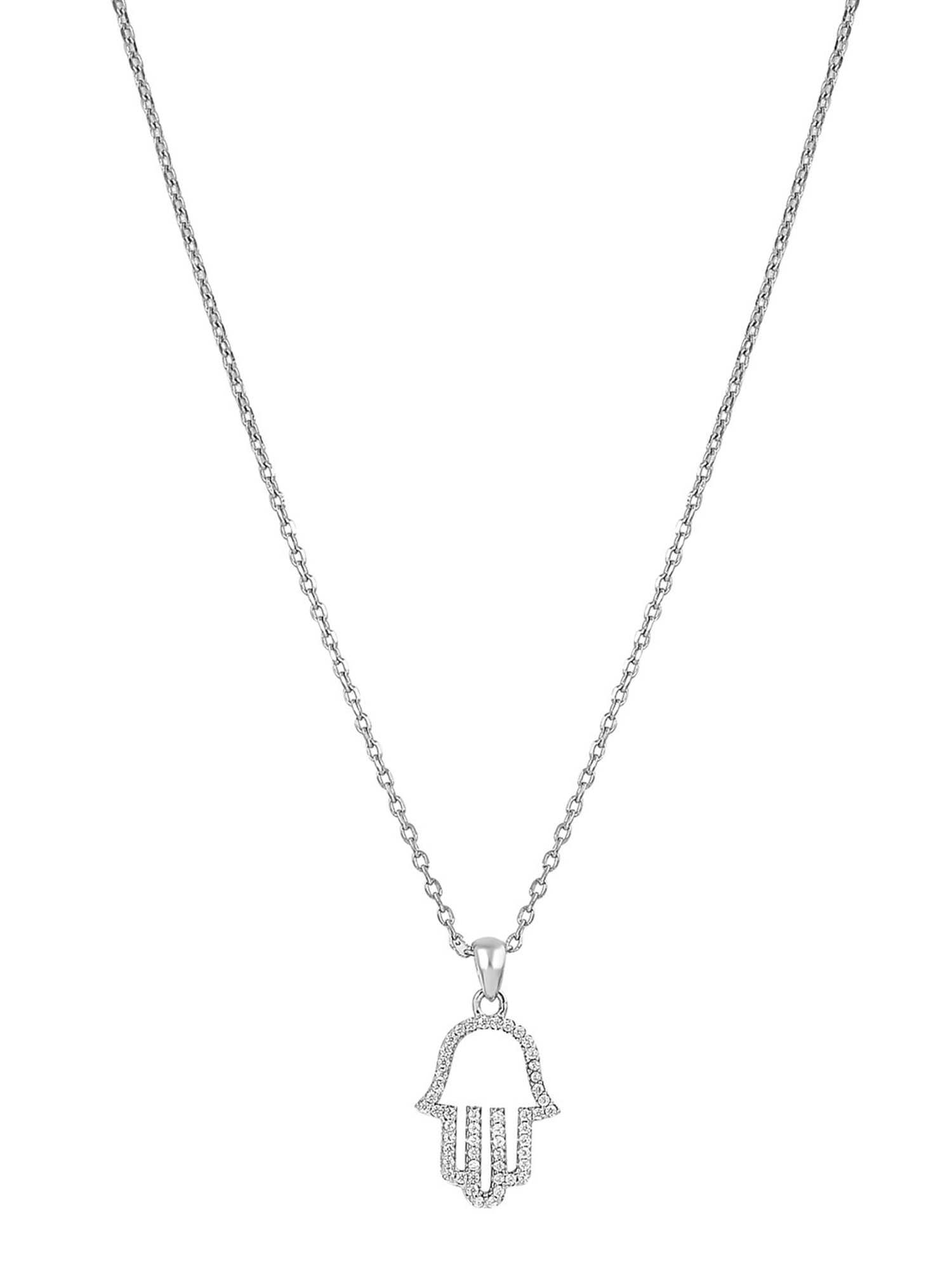 Curio Cottage 92.5 Sterling Silver Hand of Fatima Necklace Embellished with CZ Stones for Women