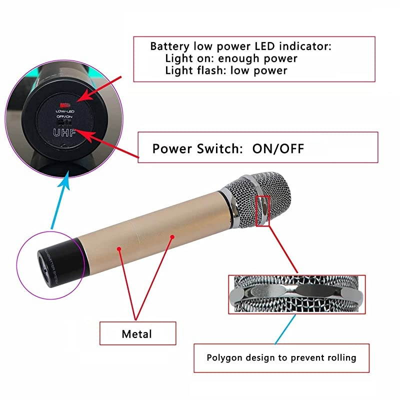 Wireless Microphone system  Dual Channel UHF Wireless Microphone Set with 2 Golden Handhelds Metal Receiver Ideal for Church Meeting Karaoke Wedding FBU10G1
