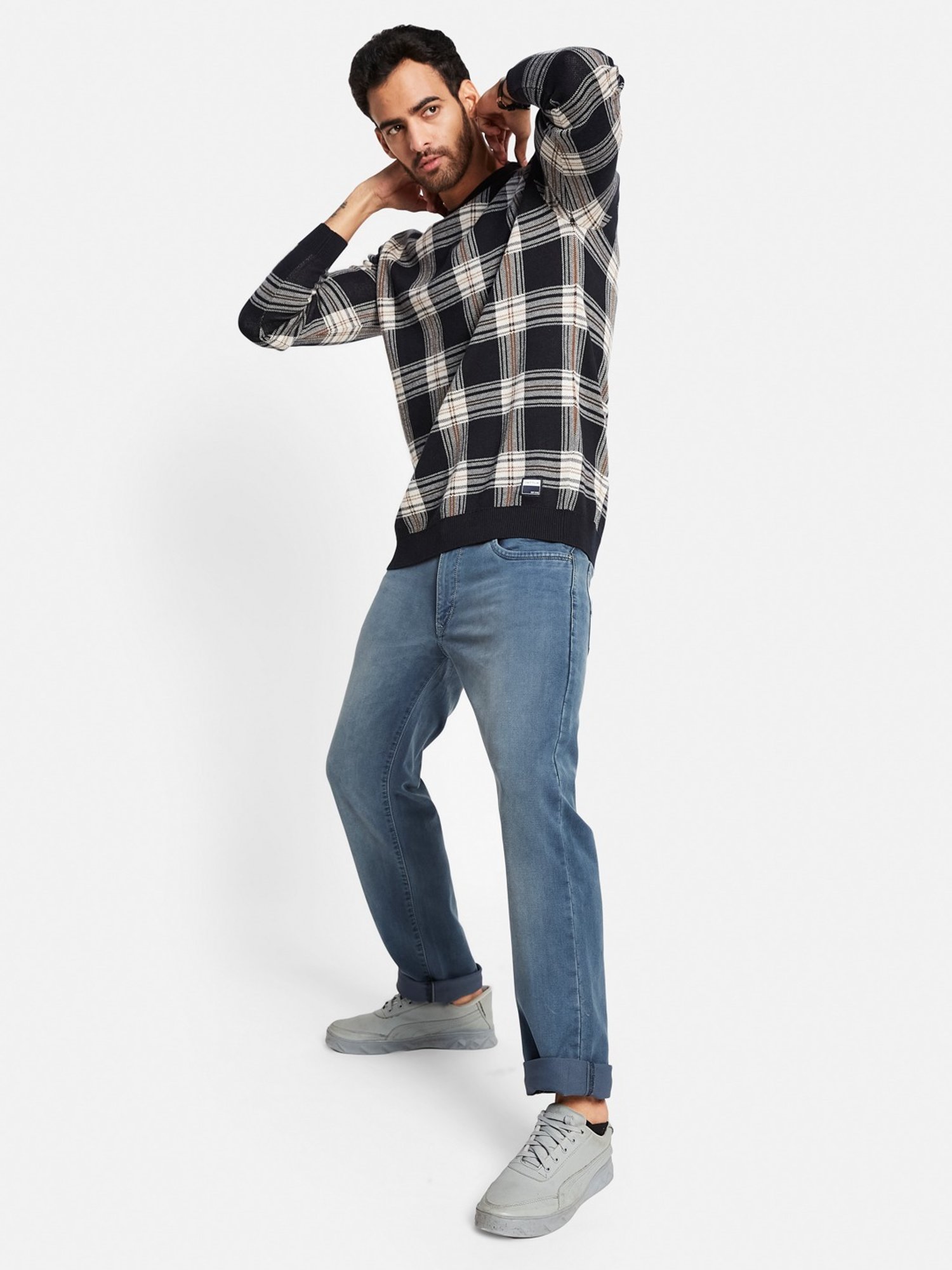 METTLE Navy Cotton Regular Fit Checks Sweater