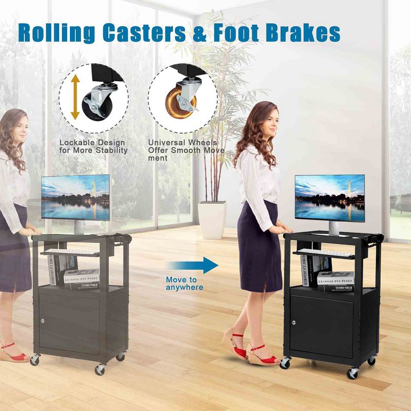 Costway Mobile Steel AV Presentation Cart Adjustable Height w/ Locked Cabinet & Keyboard
