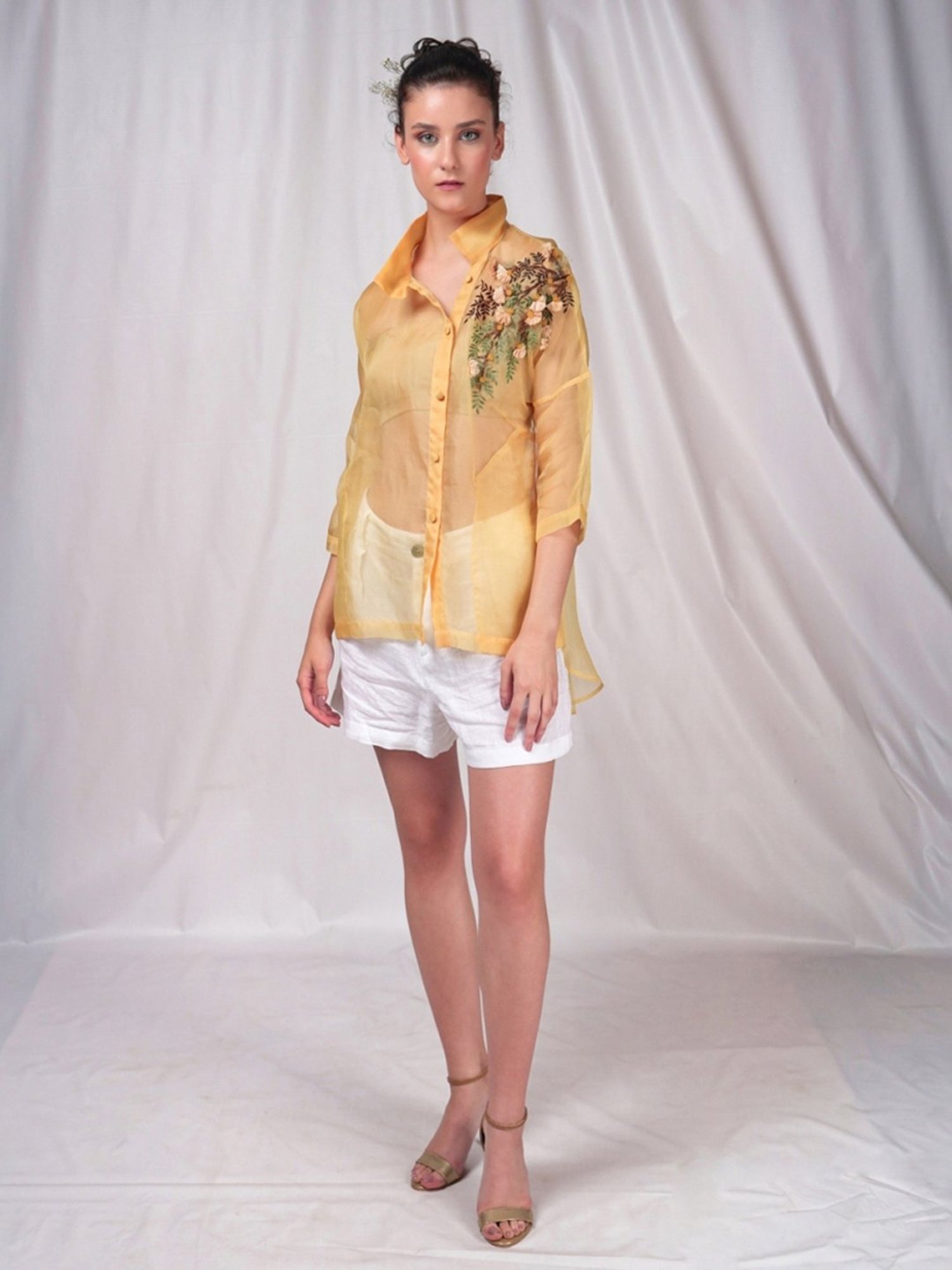 Seesa Yellow Spring Summer Organza Overshirt With Embroidery Details
