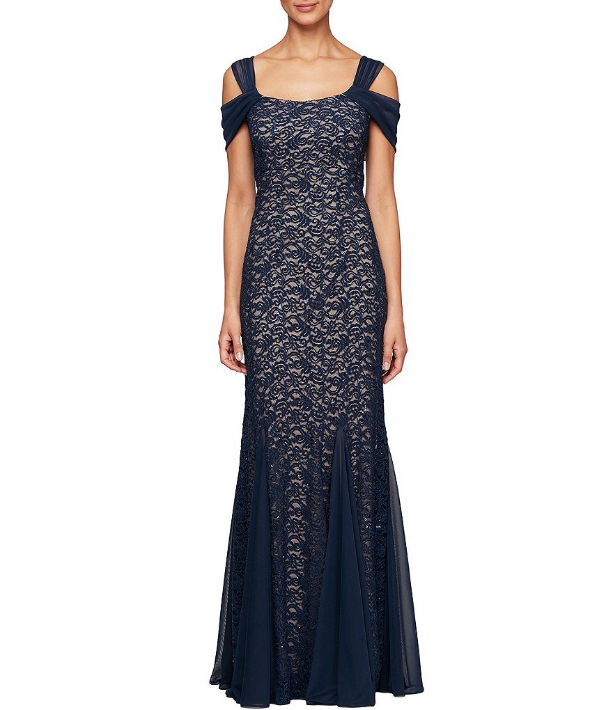 Alex Evenings Sequin Lace Cold Shoulder Godet Gown
