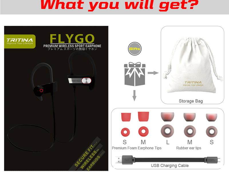 Tritina Sports Bluetooth Earphone Built-in Microphone - Stereo Sound Form Ear Tips, Sweat-proof Sport Earphone Running,Jogging with music (Black with Grey)