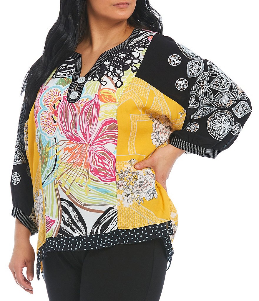 John Mark Plus Size Split Round Neck Mixed Floral 3/4 Peasant Sleeve Tunic