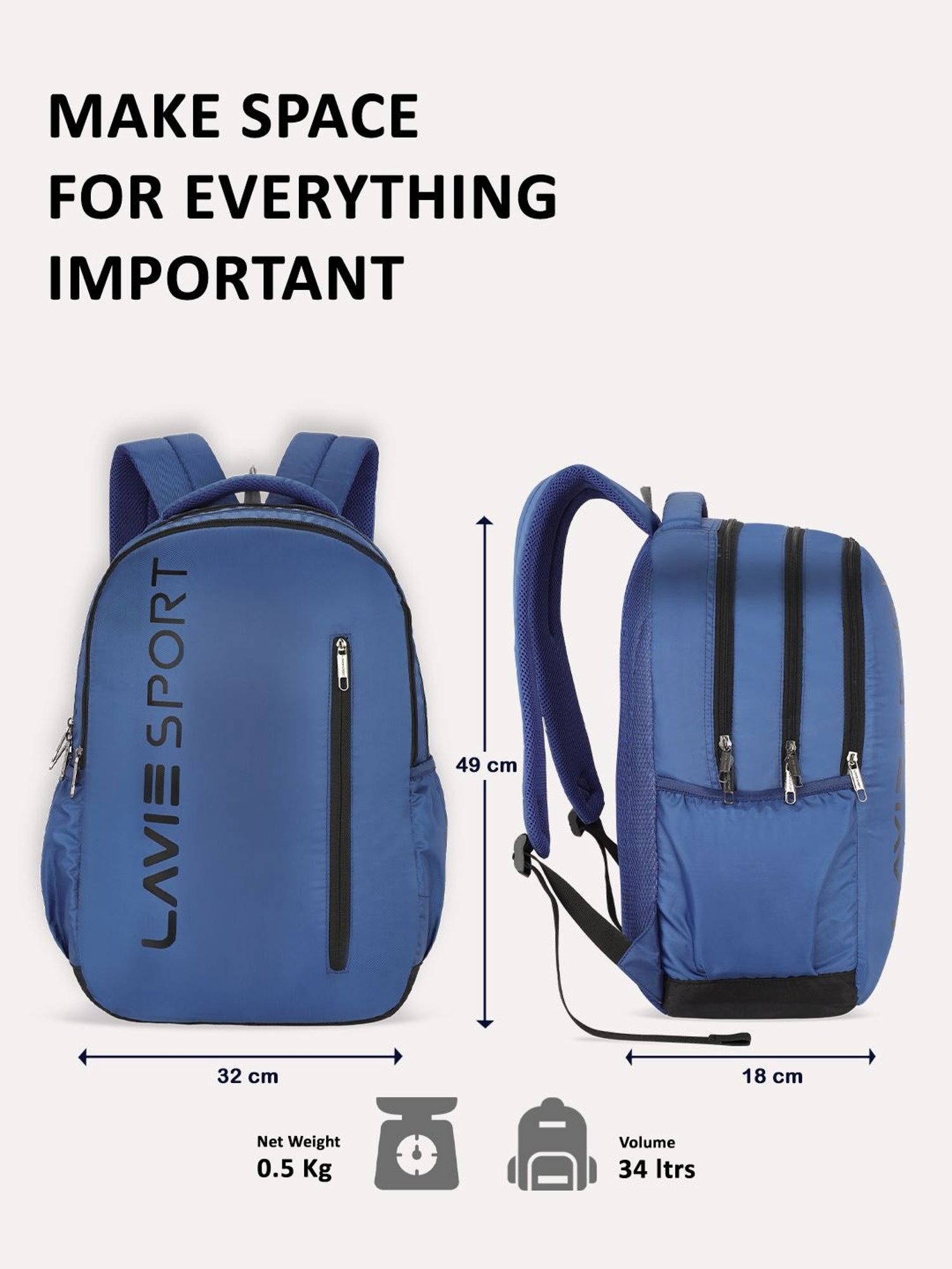 Lavie Sport Engrave 34L Laptop Backpack For Boys & Girls |Unisex Casual Bag for Men & Women (Navy)