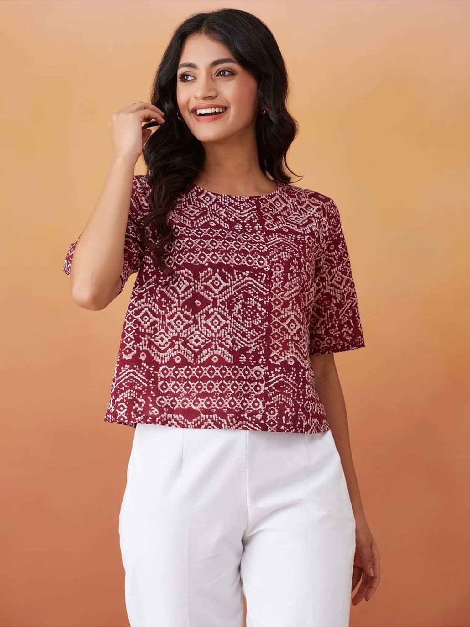Fabindia Red Cotton Printed Top