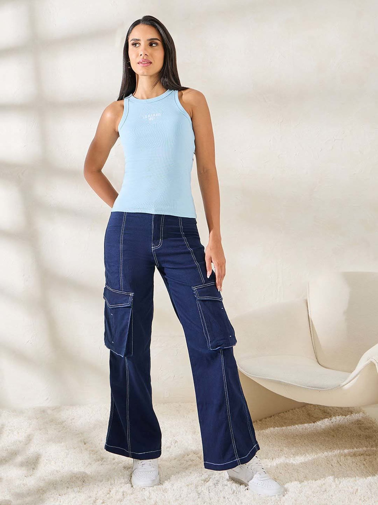 Styli Blue Cotton Embroidered Tank Top