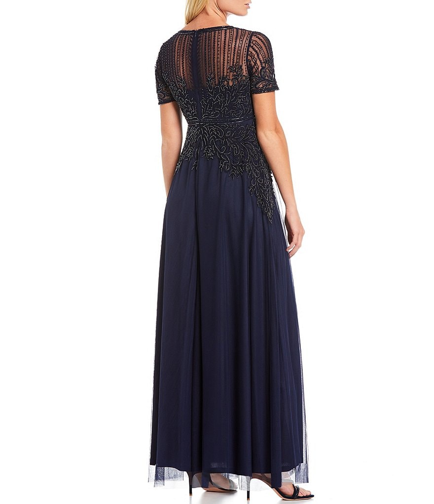 Pisarro Nights Petite Size Short Sleeve Illusion Scoop Neck Beaded Gown