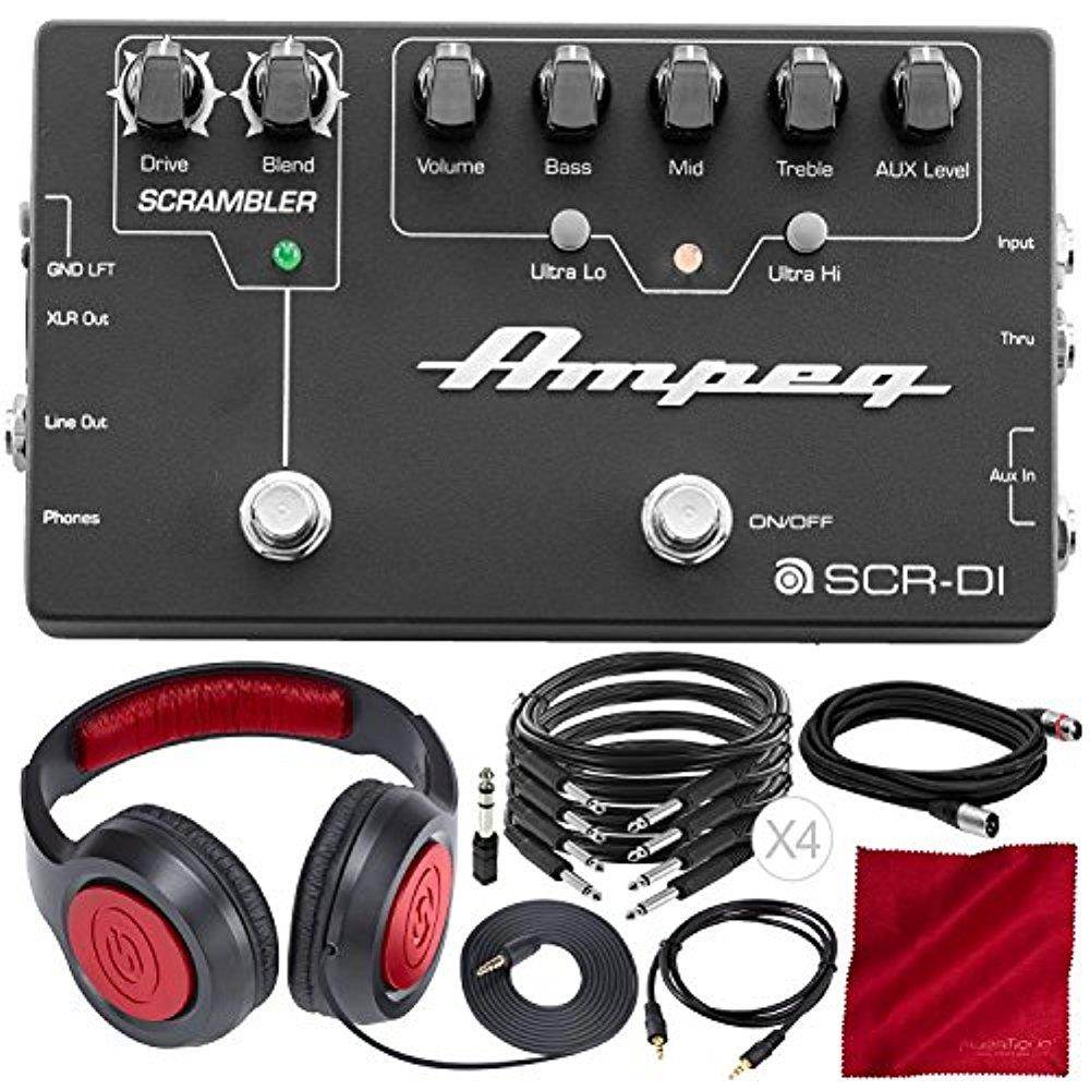 Ampeg SCR-DI Bass DI Preamp with Scrambler Overdrive and Deluxe Accessory Bundle w/ Dynamic Headphones + Cables + Fibertique Cloth