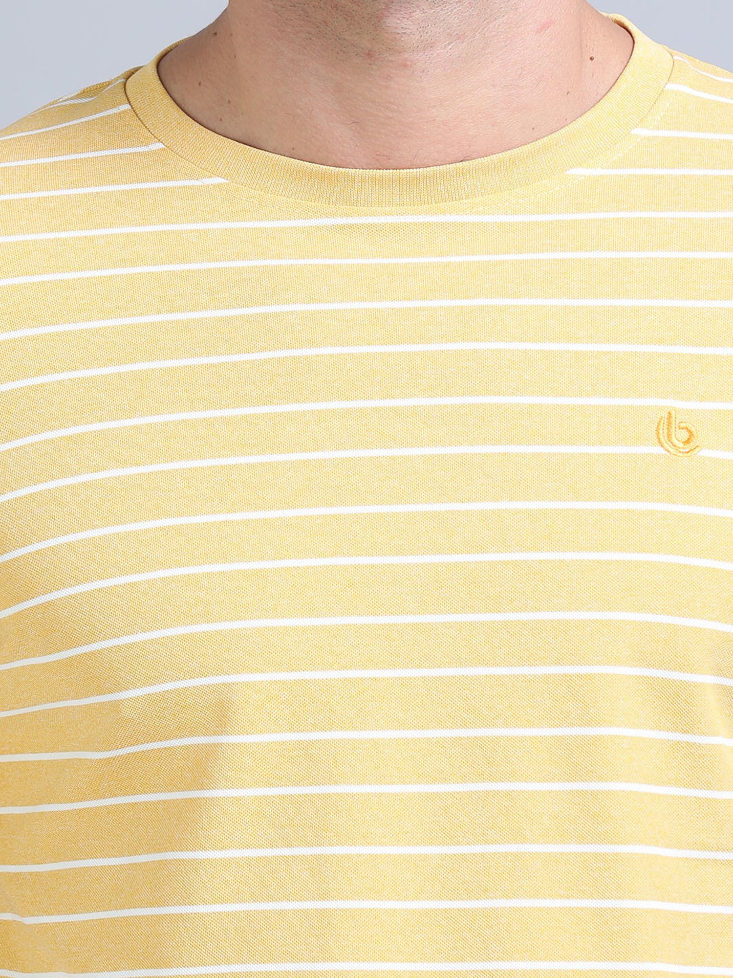 Bushirt Yellow Regular Fit Striped Crew T-Shirt