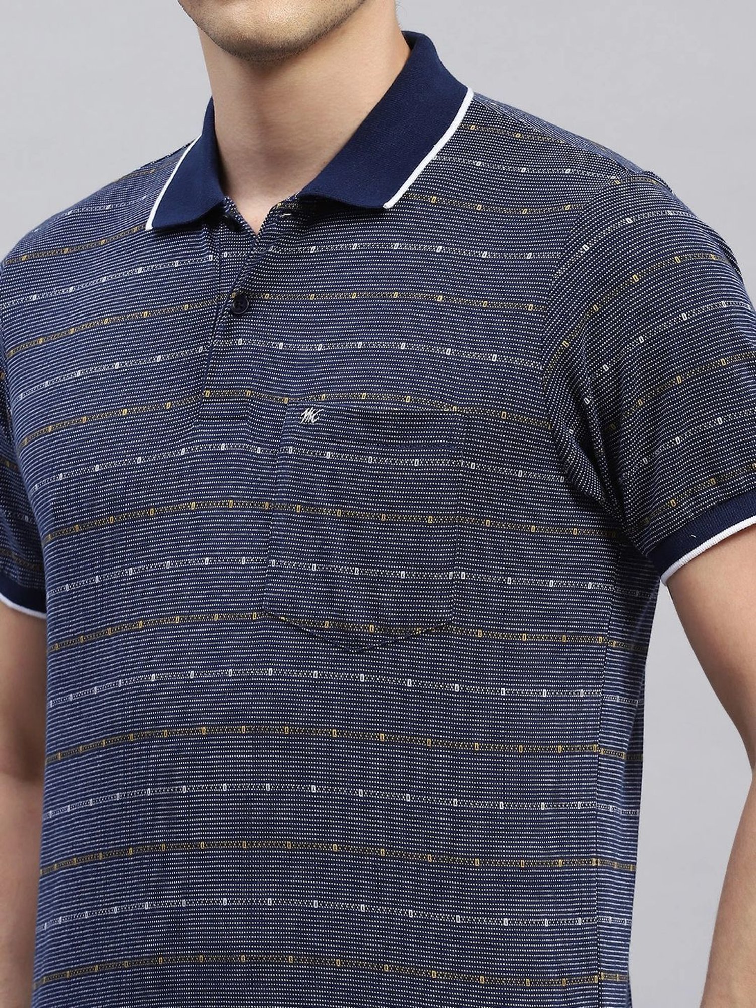 Monte Carlo Navy Blue Regular Fit Striped Polo T-Shirt