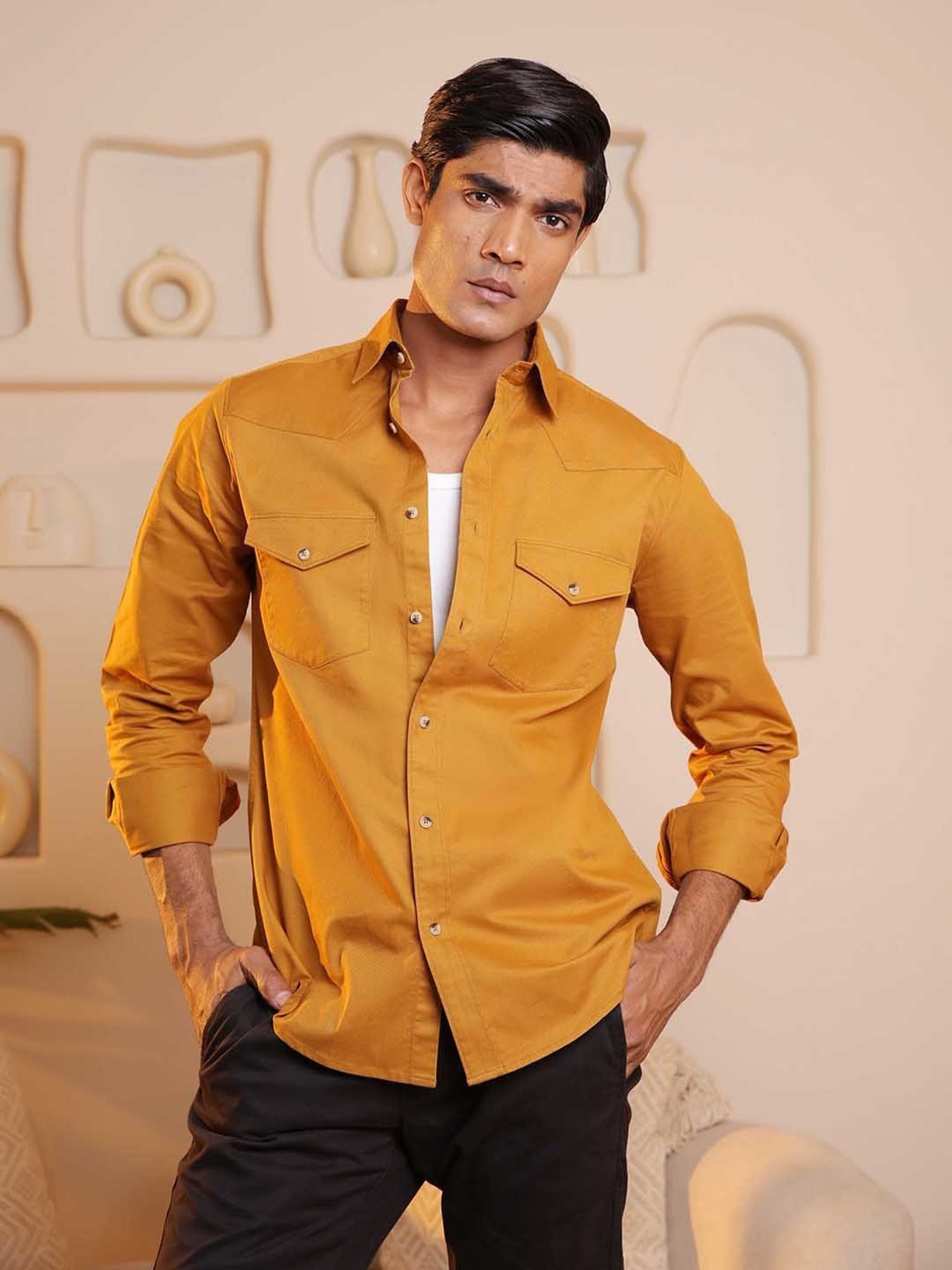 SUBTRACT Gold Regular Fit Cotton Shirt