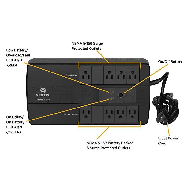 Vertiv  PST5 350VA 200W UPS with Battery Backup & Surge Protection, Eight outlets and a Three-Year, Full Unit Warranty (PST5-350MT120)