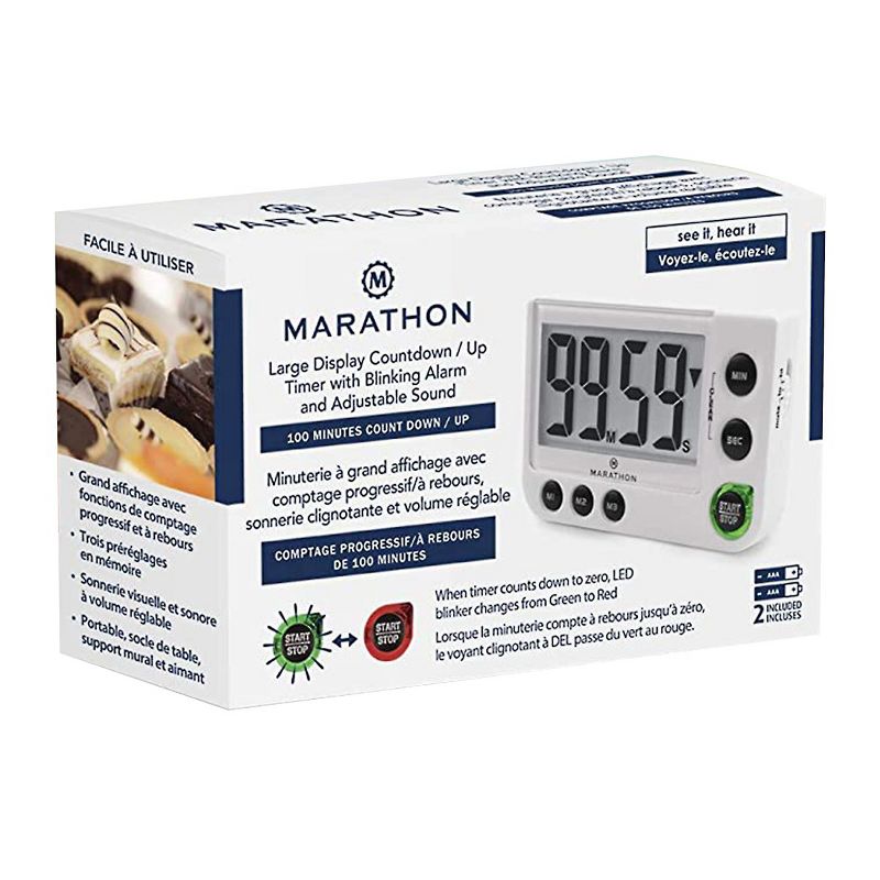 Marathon Housewares Large Display Digital Timer with Adjustable Volume - White