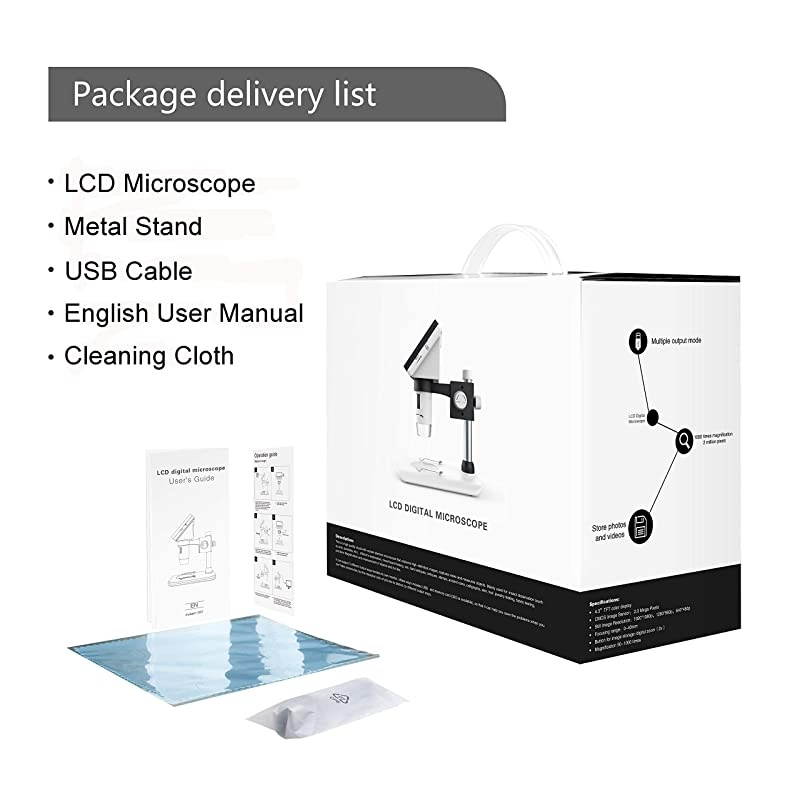 LCD Digital Microscope  43 inch 50X1000X Magnification Zoom HD 1080P 2 Megapixels Compound 2600 mAh Battery USB Microscope 8 Adjustable LED Light Video Camera Microscope with 8G TF Card