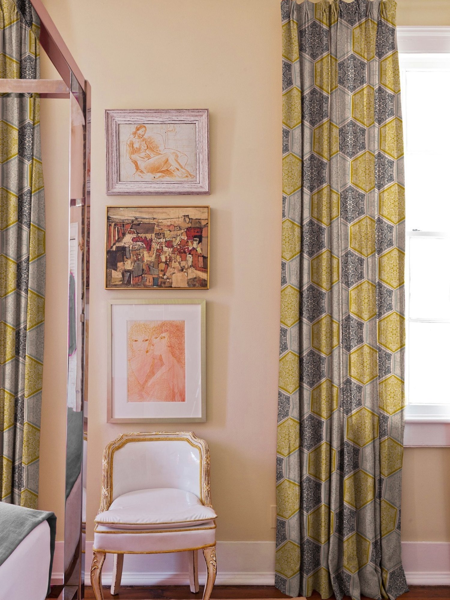 SPACES DRAPE STORY Elegent Yellow & Grey Polyester 8 FT Door Curtain - Set of 2