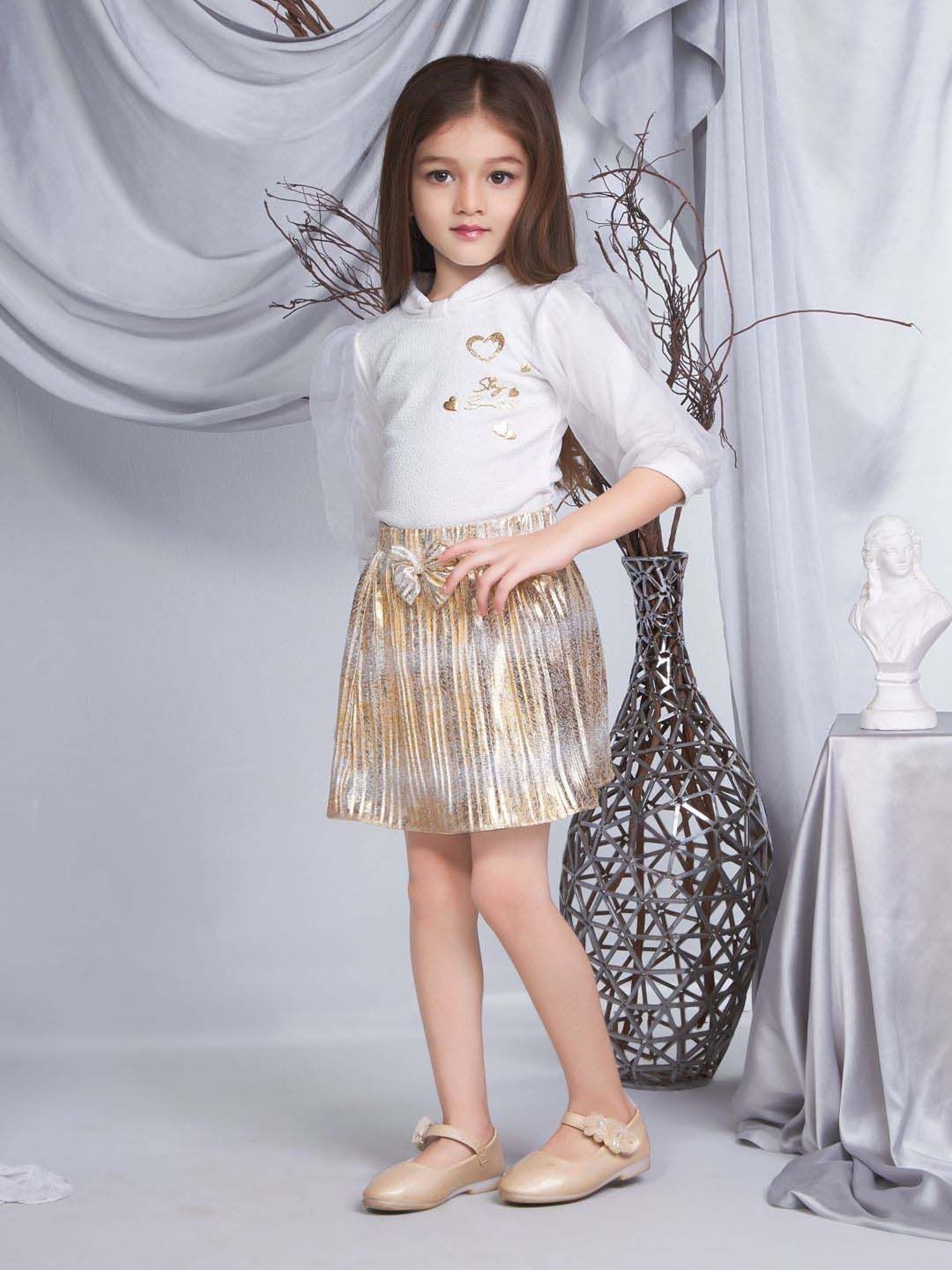 Peppermint Girls Gold & White Embellished Skirt Set