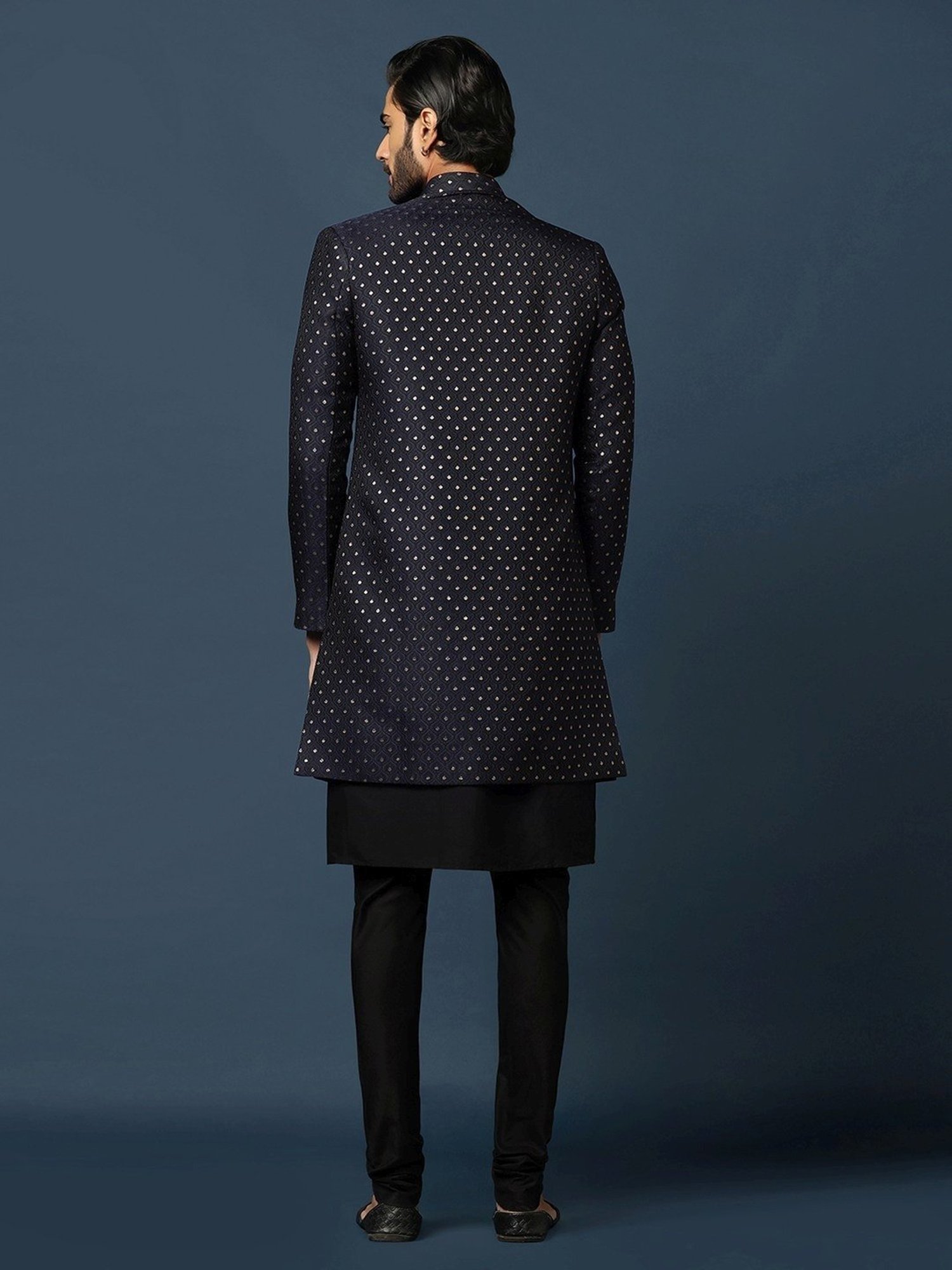 KISAH Navy Cotton Regular Fit Self Pattern Sherwani Set