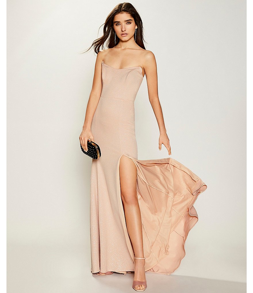 Jump Strapless Lace-Up Back Side Slit Glitter Scuba Slim Long Dress