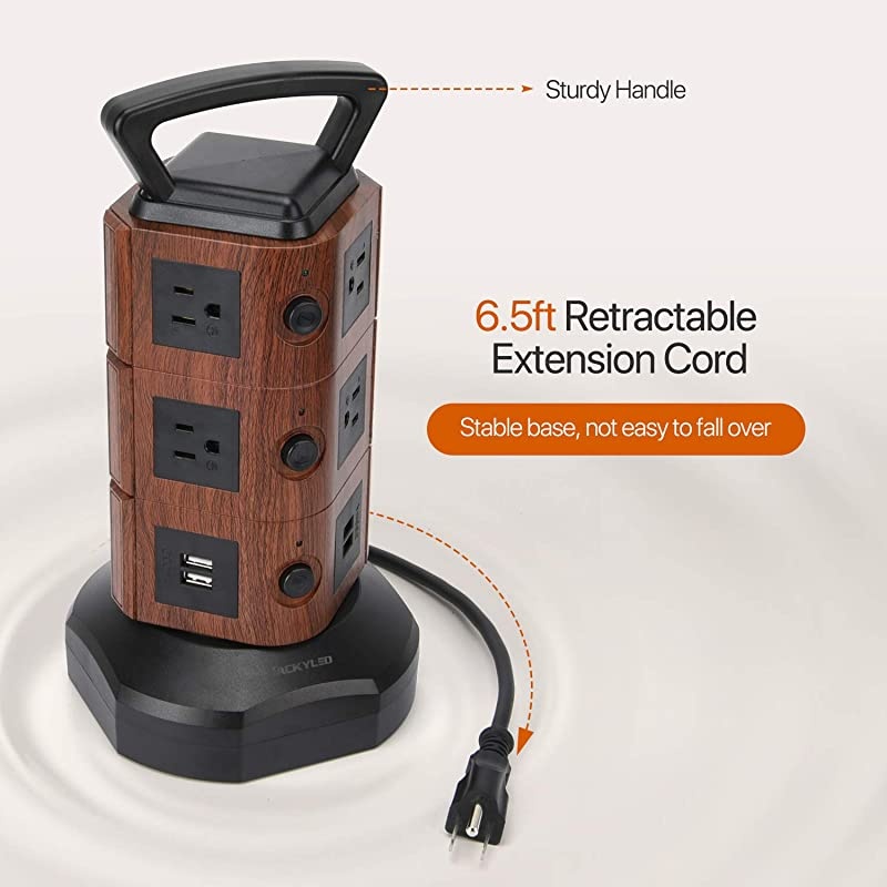 Power Strip Tower Surge Protector with 6.5ft Extension Cord 4 USB Ports and 10 AC Outlets Electric Charging Station for Home Office Dorm Desktop Computer Walnut and Black