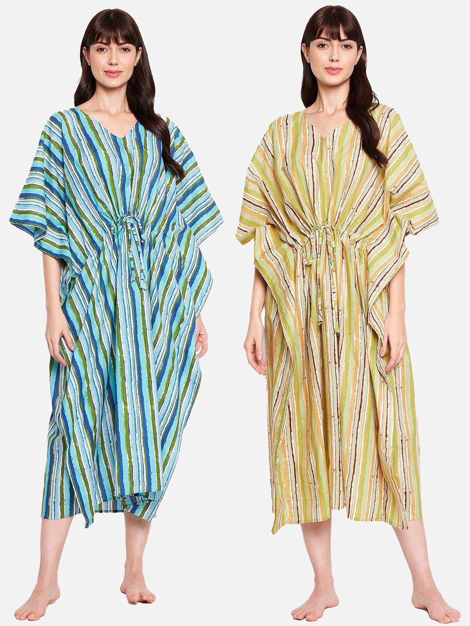 Secrets By ZeroKaata Green & Blue Cotton Printed Kaftan - Pack Of 2