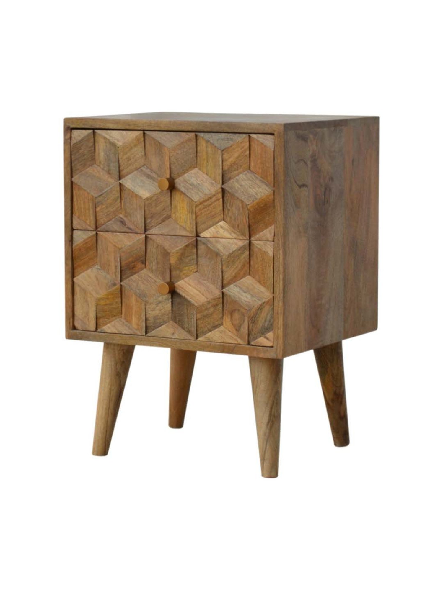 Artisan Furniture Textured Brown Cube Carved Bedside Table With Double Drawers