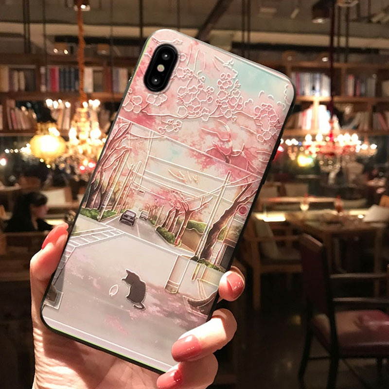 3D Flower and Cat Landscape Painted Embossed TPU Soft Protective Case Cover for iPhone X 6/6s iP 7/8 01/iPhone X